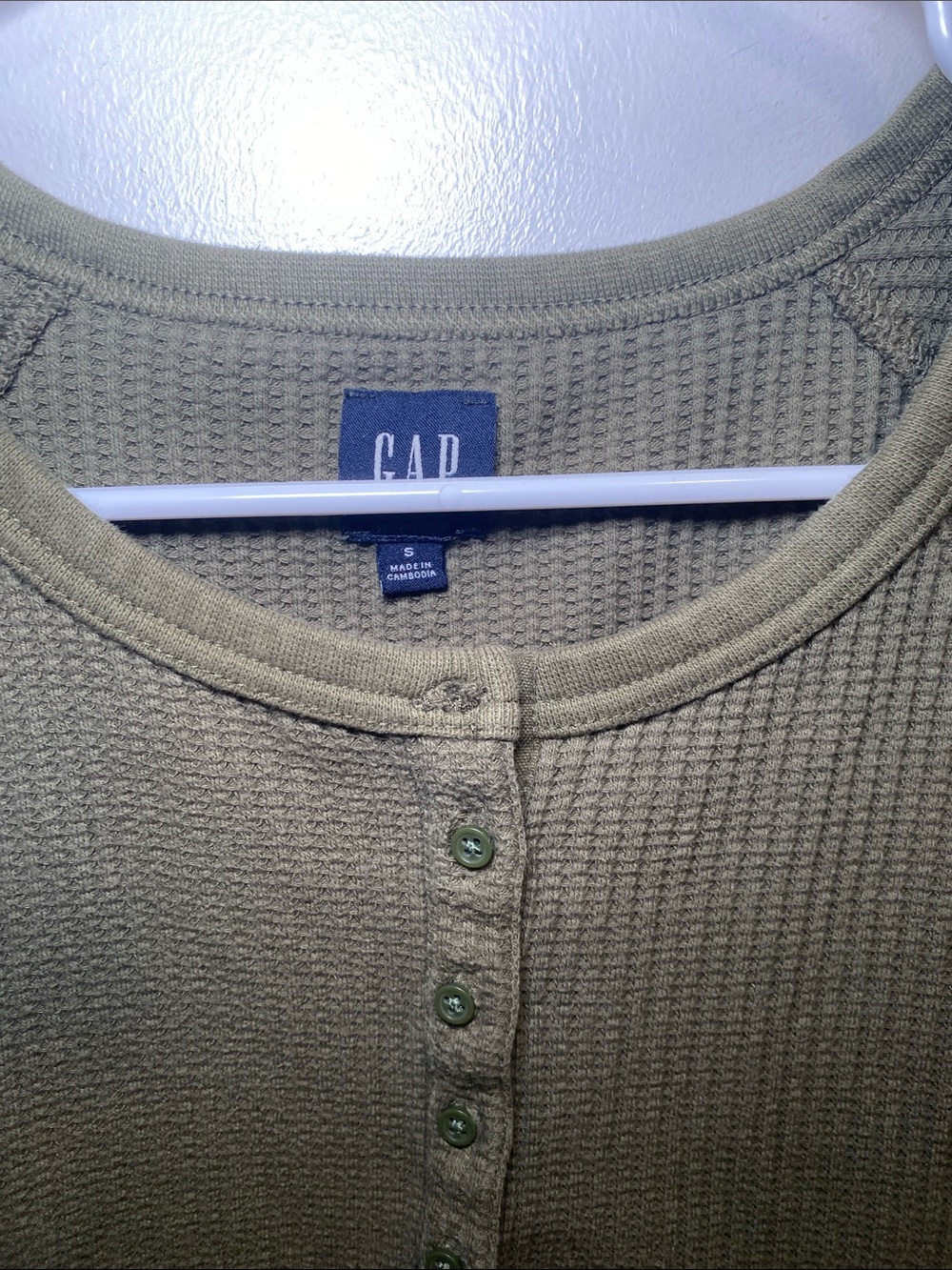 GAP Olive Green Waffle Henley Long Sleeve Top - Picture 2 of 6